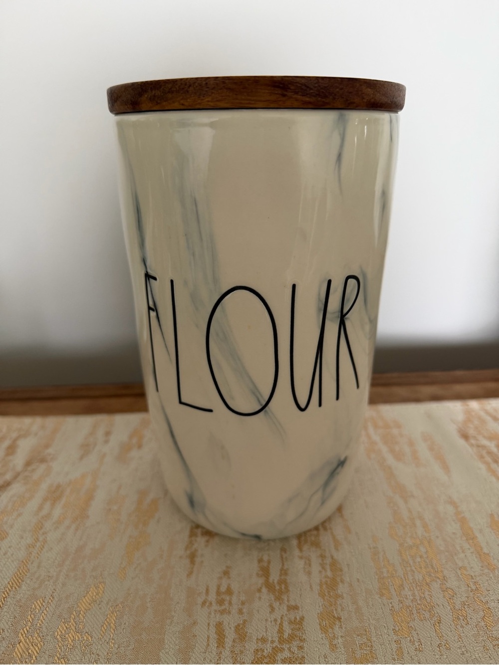 Rae dunn white marble flour canister with wood lid
